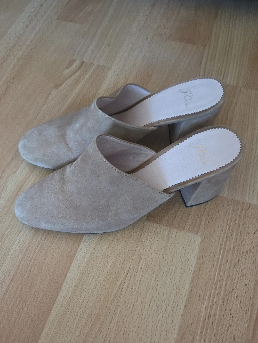 J. Crew Beige Suede Slip-On Block Heel Mules Size 8 Contemporary Minimalist